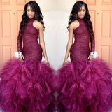 High-Neck One-Sleeve Sheath Lace Puffy Tulle Specail Latest Prom Party Gowns-showprettydress