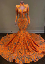 Hot Orange High neck Long Sleeves Mermaid Sequin Prom Dresses-showprettydress