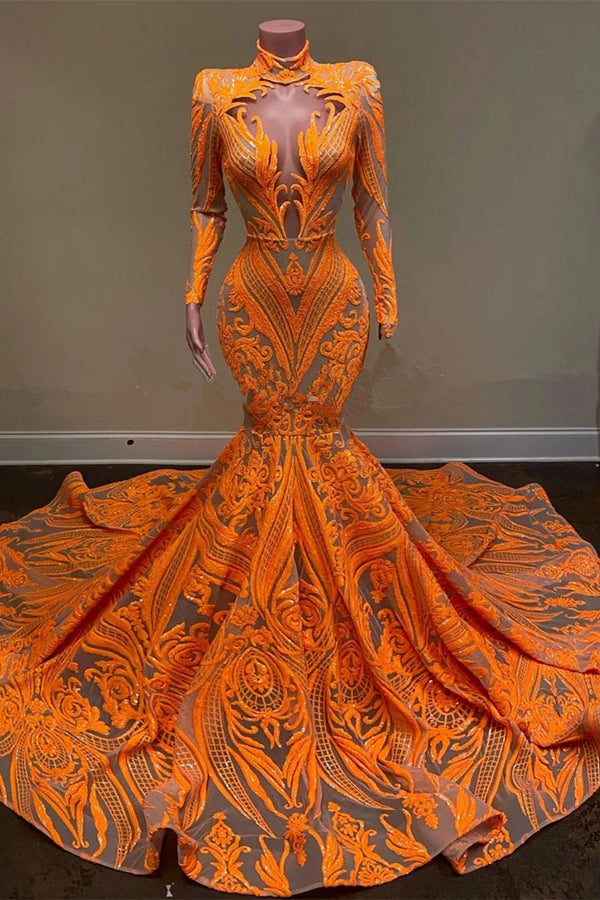 Hot Orange High neck Long Sleeves Mermaid Sequin Prom Dresses-showprettydress