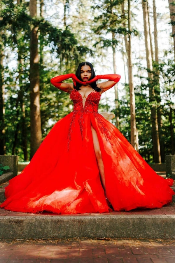 Hot Red Sweetheart Tulle Appliques V-neck Puffy Ball Prom Dress-showprettydress