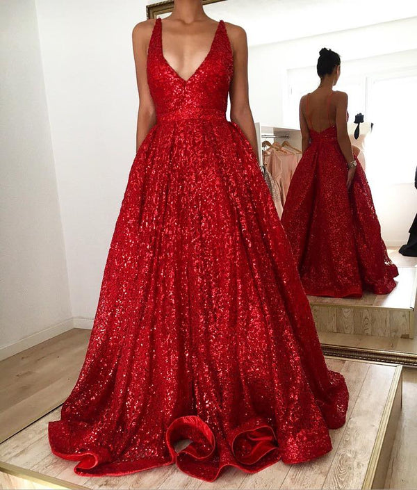 Hot Ruby backless Shining Sequin V-neck Ball Gown Evening Gowns On Sale-showprettydress
