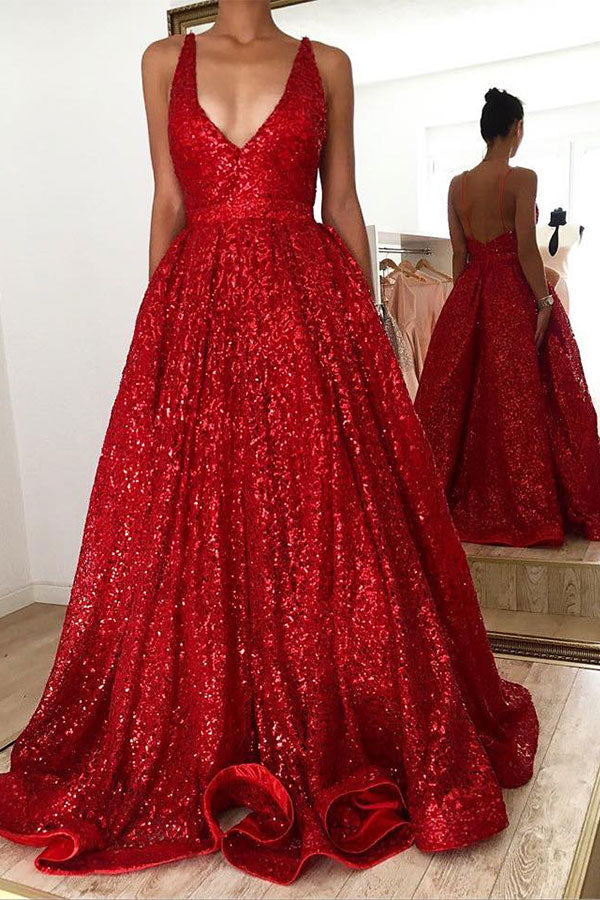 Hot Ruby backless Shining Sequin V-neck Ball Gown Evening Gowns On Sale-showprettydress