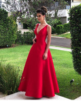 Hot Sleeveless Red Deep V-neck A-line Backless Prom Party Gowns on Sale-showprettydress