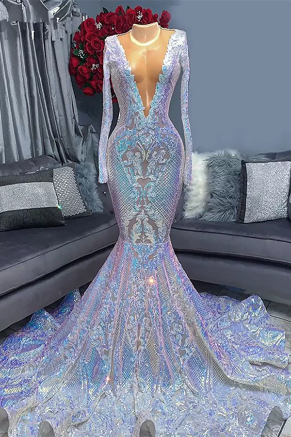Hot Sparkle Long Mermaid Sequin V neck Prom Dresses with Sleeves-showprettydress
