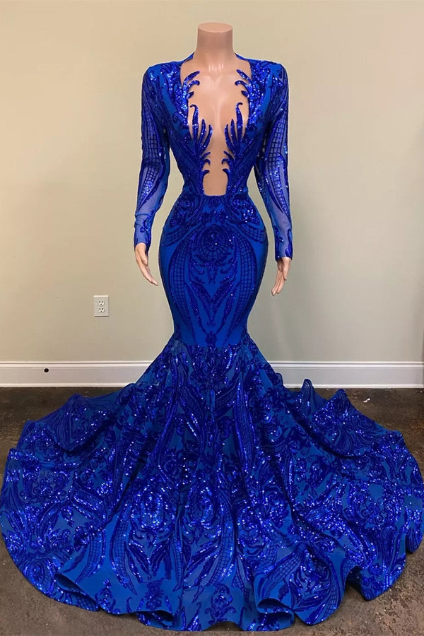 Royal Blue Long Sleeves Sequins Mermaid Evening Dress With Slit –  showprettydress