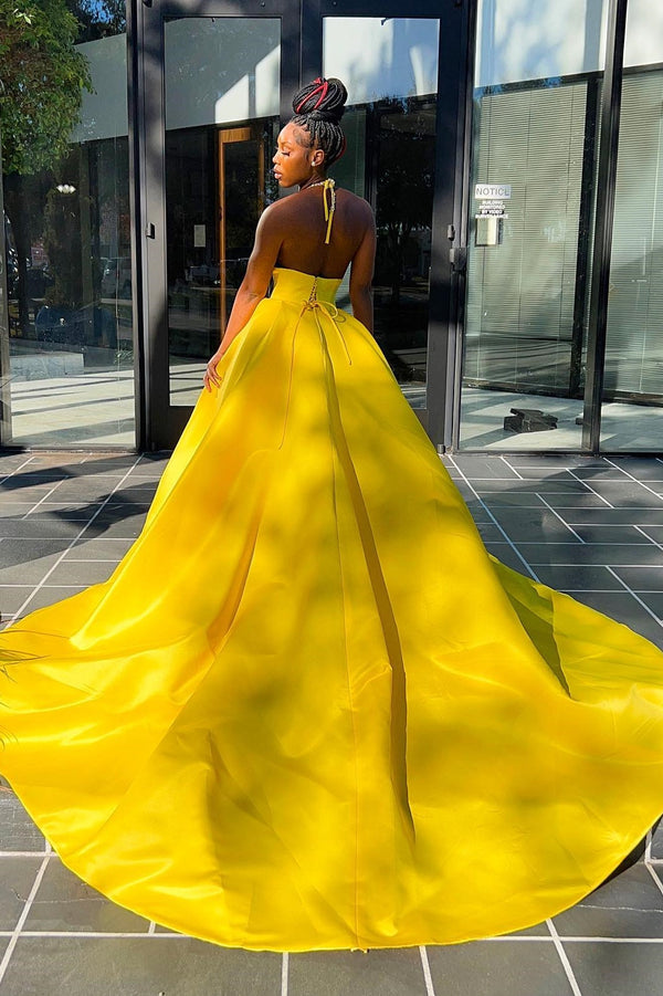 Hot Yellow Halter Open Back Beads Side Slit Ball Gown Prom Dress-showprettydress