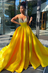 Hot Yellow Halter Open Back Beads Side Slit Ball Gown Prom Dress-showprettydress