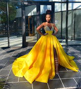 Hot Yellow Halter Open Back Beads Side Slit Ball Gown Prom Dress-showprettydress