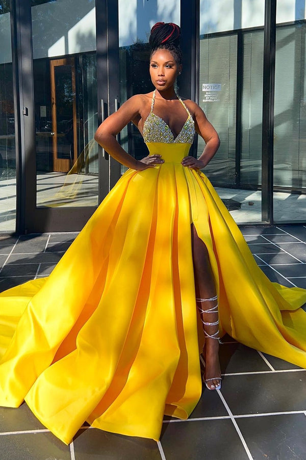 Hot Yellow Halter Open Back Beads Side Slit Ball Gown Prom Dress-showprettydress