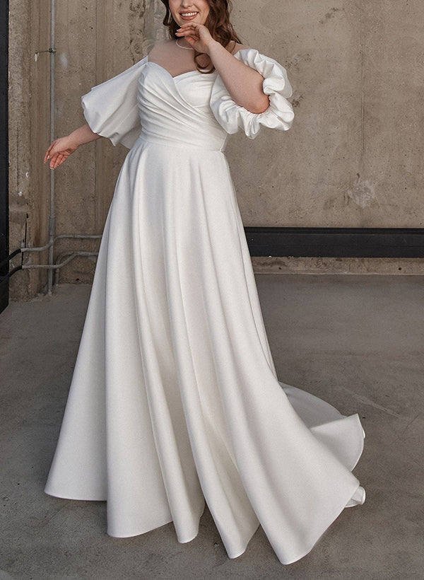 Illusion Neck Chic A-line Satin Wedding Dress Half Sleeves Sweep Train-Showprettydress