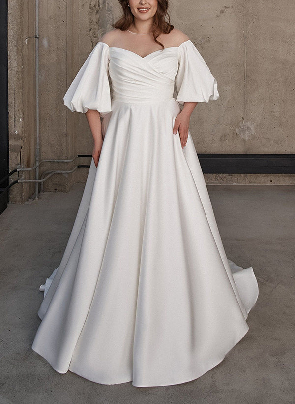 Illusion Neck Chic A-line Satin Wedding Dress Half Sleeves Sweep Train-Showprettydress