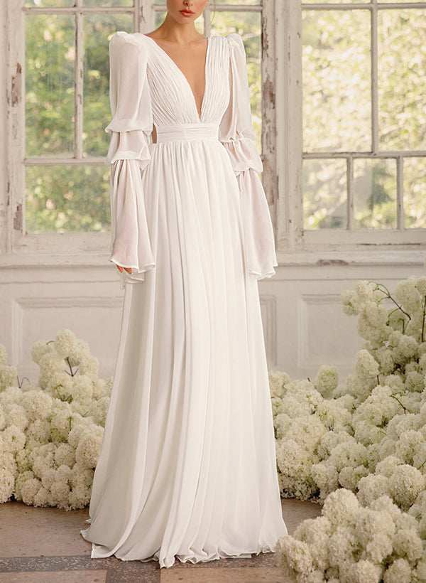 Illusion Neck Long Sleeves Chic A-line Chiffon Elegant Wedding Dresses Pleated-Showprettydress
