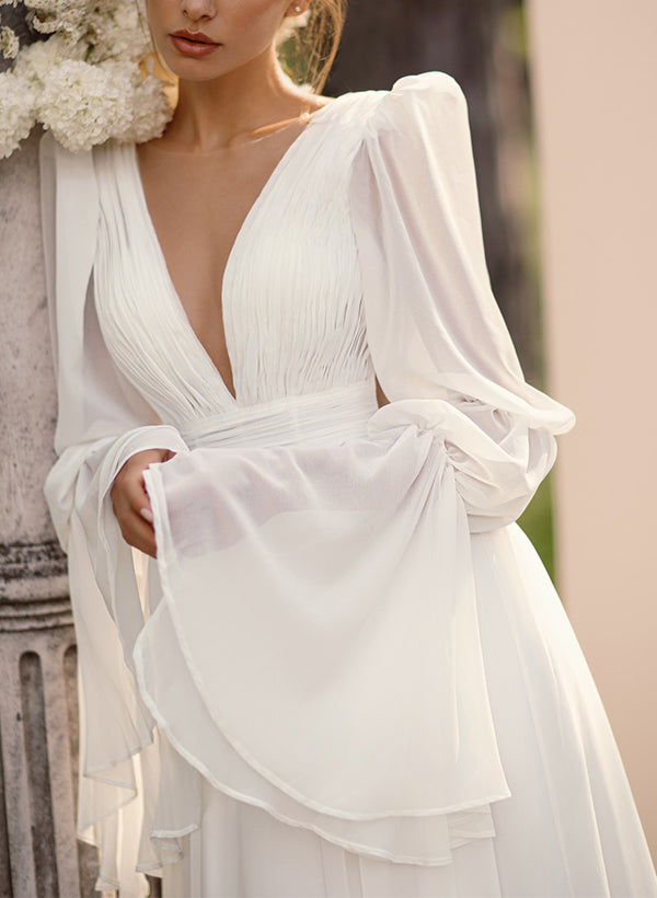 Illusion Neck Long Sleeves Chic A-line Chiffon Elegant Wedding Dresses Pleated-Showprettydress