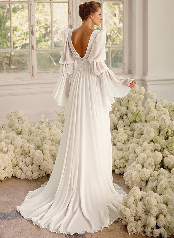 Illusion Neck Long Sleeves Chic A-line Chiffon Elegant Wedding Dresses Pleated-Showprettydress