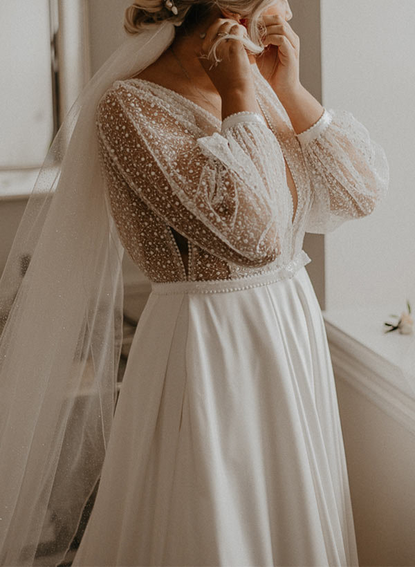 Illusion Neck Plus Size Chic A-line Lace Sweep Train Long Sleeves Wedding Dresses-Showprettydress