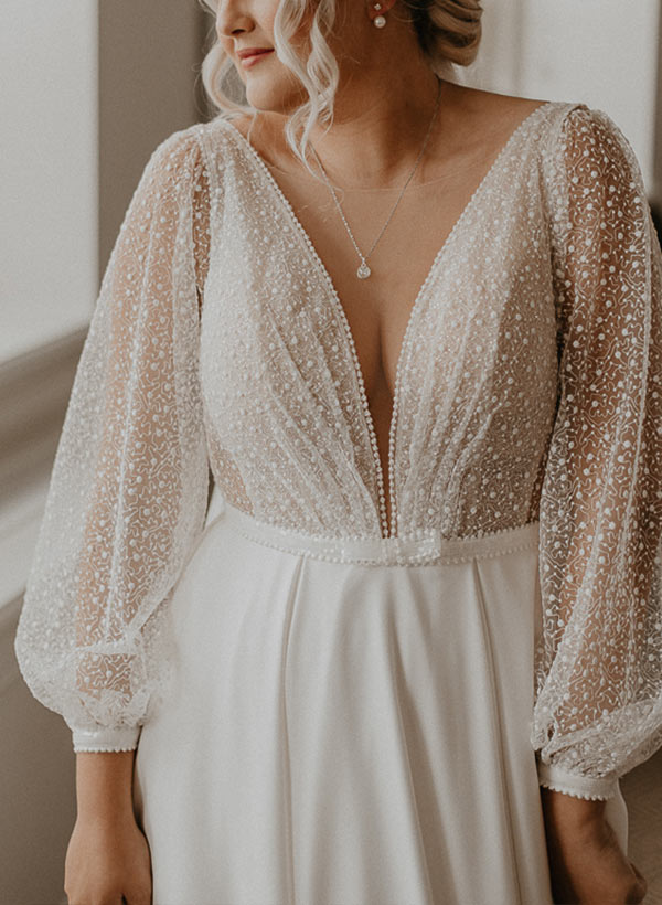 Illusion Neck Plus Size Chic A-line Lace Sweep Train Long Sleeves Wedding Dresses-Showprettydress