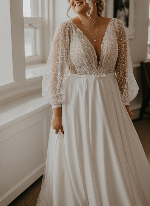 Illusion Neck Plus Size Chic A-line Lace Sweep Train Long Sleeves Wedding Dresses-Showprettydress