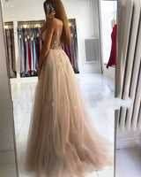 Illusion neck Storm Blue V-neck Tulle See-through Evening Dress-showprettydress