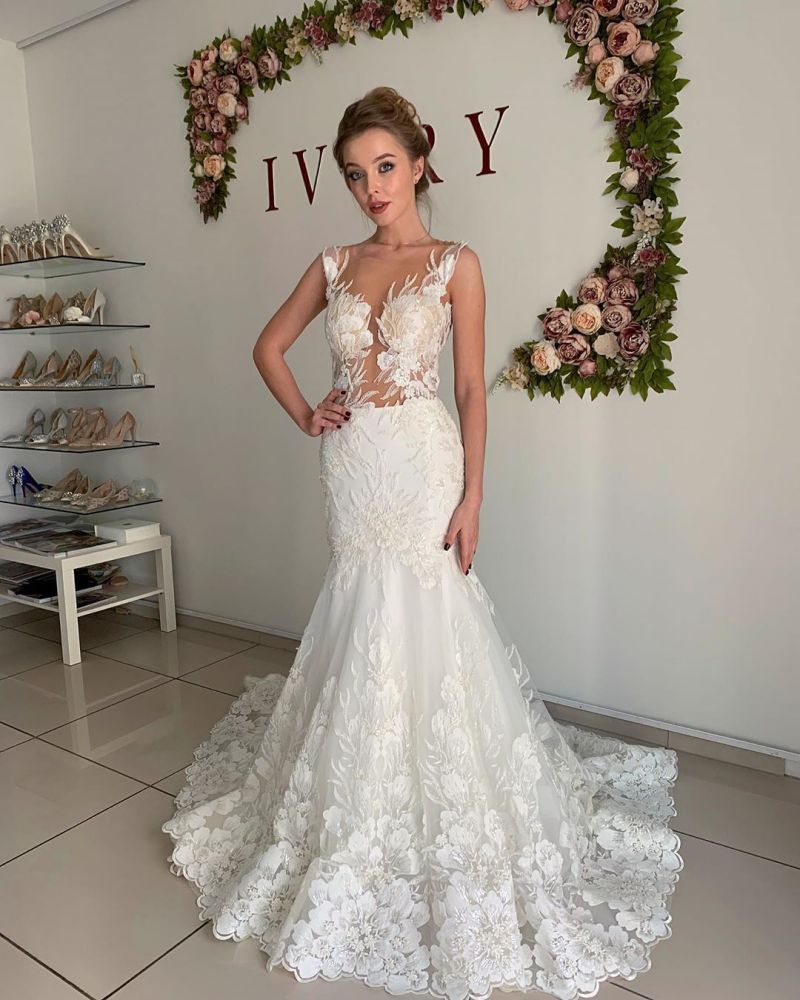 Illusion neck White Lace Sleeveless Mermaid Wedding Dress-showprettydress