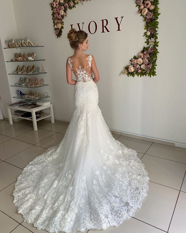 Illusion neck White Lace Sleeveless Mermaid Wedding Dress-showprettydress