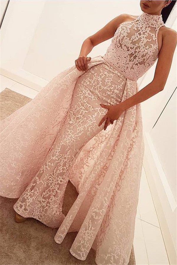 Illusion Puffy Overskirt Column High Neck Sleeveless Lace Gorgeous Evening Dress-showprettydress