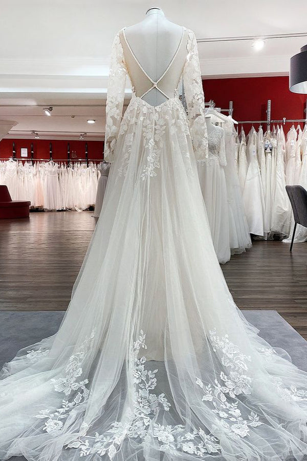 Ivory A-line Tulle Long Sleeves Lace Appliques Open Back Wedding Dresses-showprettydress