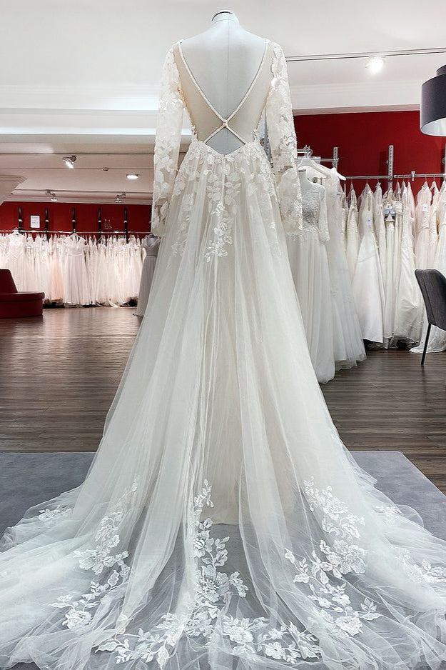 Ivory A-line Tulle Long Sleeves Lace Appliques Open Back Wedding Dresses-showprettydress