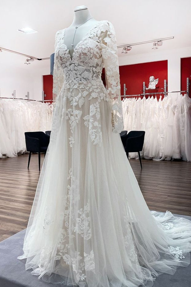Ivory A-line Tulle Long Sleeves Lace Appliques Open Back Wedding Dresses-showprettydress