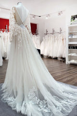 Ivory A-line Tulle Long Sleeves Lace Appliques Open Back Wedding Dresses-showprettydress