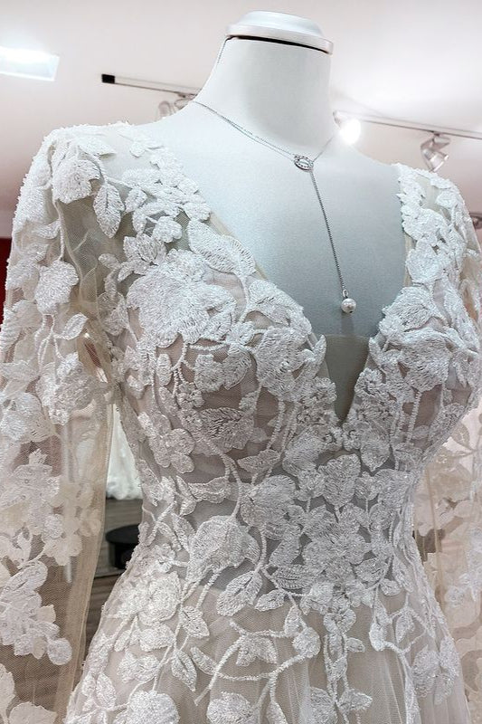 Ivory A-line Tulle Long Sleeves Lace Appliques Open Back Wedding Dresses-showprettydress