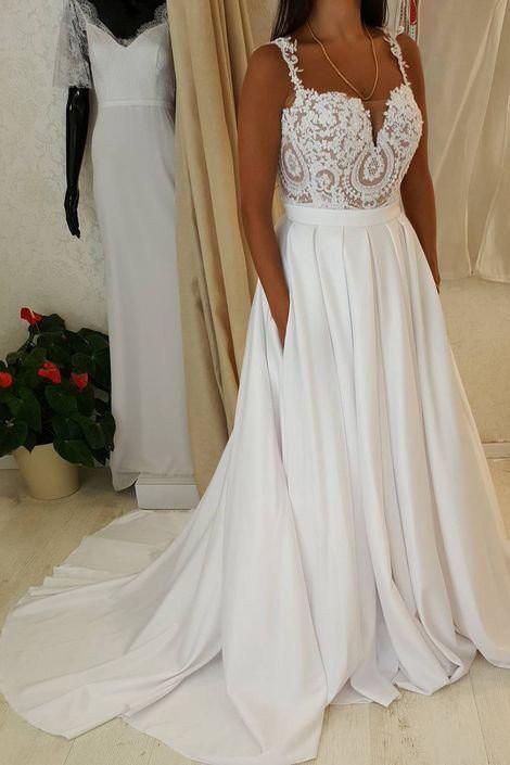 Ivory Beach Long A-line Sweetheart Chiffon Wedding Dress with Pockets-showprettydress