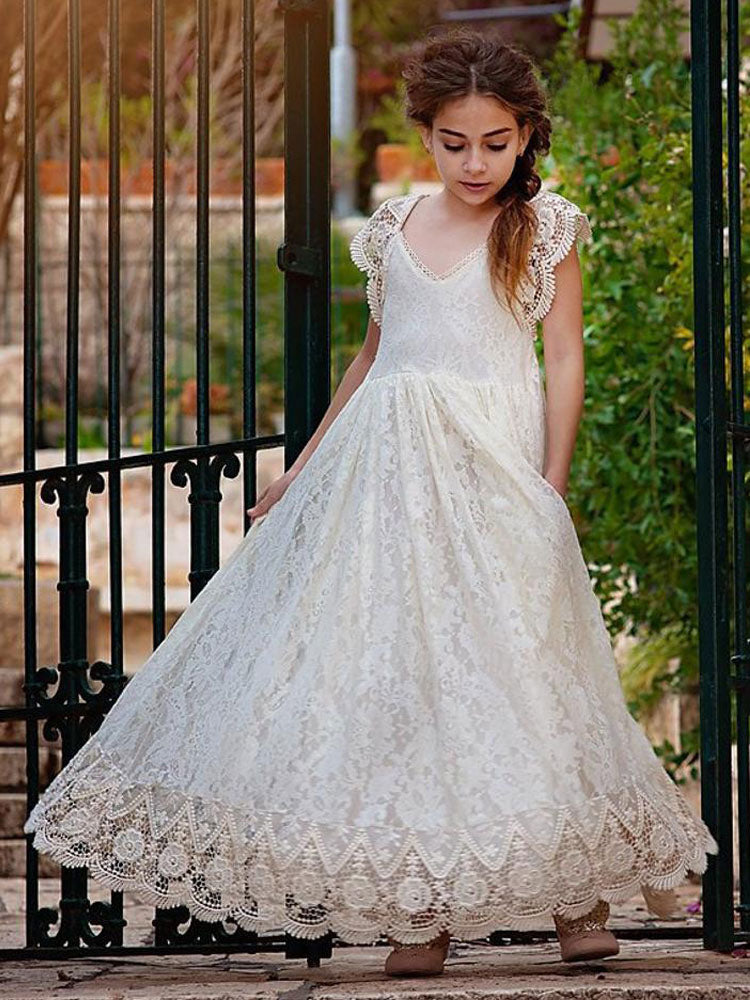 Ivory Jewel Neck Lace Short Sleeves Floor-Length A-Line Lace Kids Social Party Dresses-showprettydress