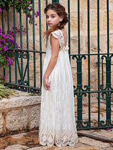 Ivory Jewel Neck Lace Short Sleeves Floor-Length A-Line Lace Kids Social Party Dresses-showprettydress