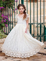 Ivory Jewel Neck Lace Short Sleeves Floor-Length A-Line Lace Kids Social Party Dresses-showprettydress