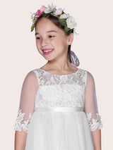 Ivory Jewel Tulle Neck Tulle Half Sleeves A-Line Lace Kids Party Dresses-showprettydress