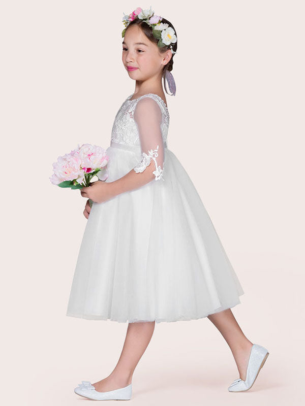 Ivory Jewel Tulle Neck Tulle Half Sleeves A-Line Lace Kids Party Dresses-showprettydress