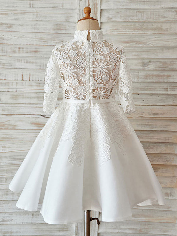 Ivory Lace Satin High Neck Long Sleeves Wedding flower girl dress-showprettydress