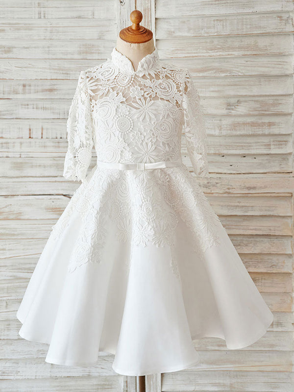 Ivory Lace Satin High Neck Long Sleeves Wedding flower girl dress-showprettydress
