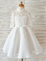 Ivory Lace Satin High Neck Long Sleeves Wedding flower girl dress-showprettydress