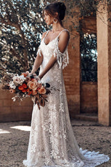 Ivory Lace Sexy Backless Wedding Dress With Train A-Line Sleeveless Chic V-Neck Bridal Gowns-showprettydress