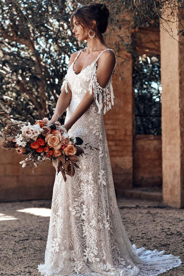 Ivory Lace Sexy Backless Wedding Dress With Train A-Line Sleeveless Chic V-Neck Bridal Gowns-showprettydress