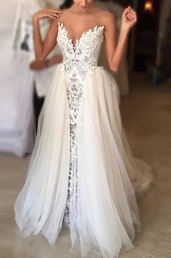 Ivory Long A-line Sweetheart Lace Tulle Wedding Dress-showprettydress