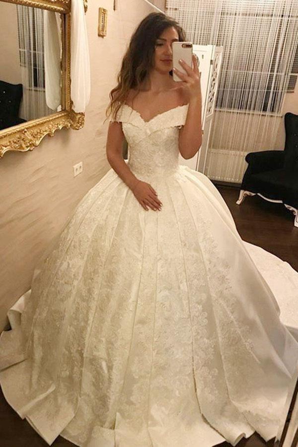 Ivory Long Ball Gown Off the Shoulder Satin Lace Appliques Wedding Dress-showprettydress