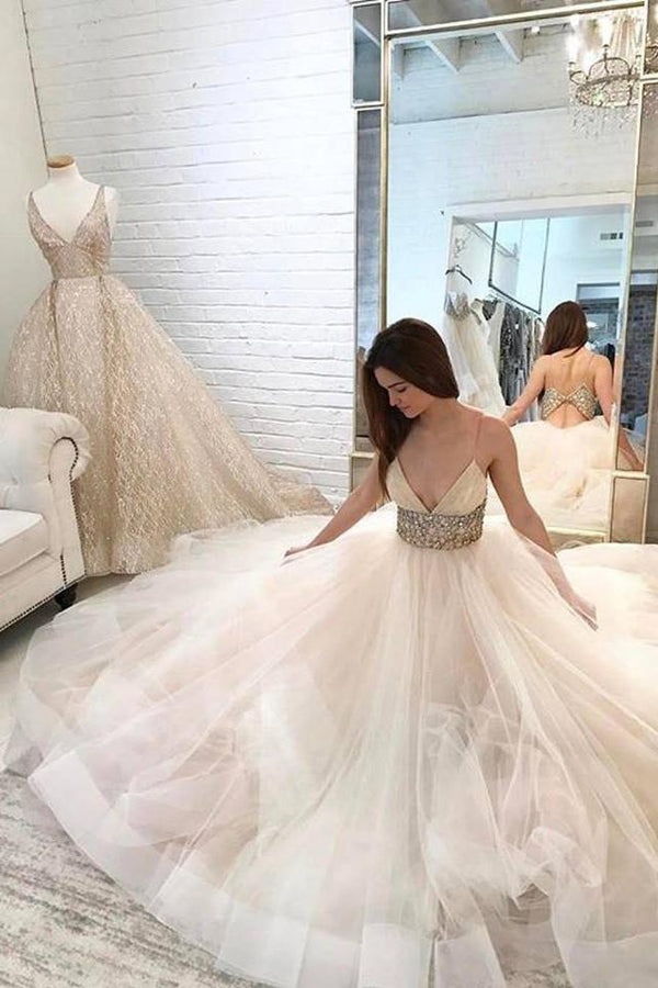 Ivory Long Ball Gown V-neck Tulle Spaghetti Straps Beaded Backless Wedding Dresss-showprettydress