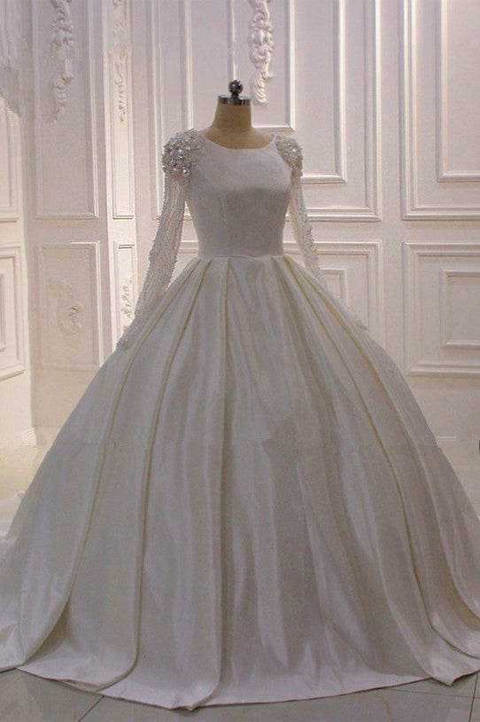 Ivory Long Sleevess Jewel Ruffless Flowers Bedaings Wedding dress-showprettydress