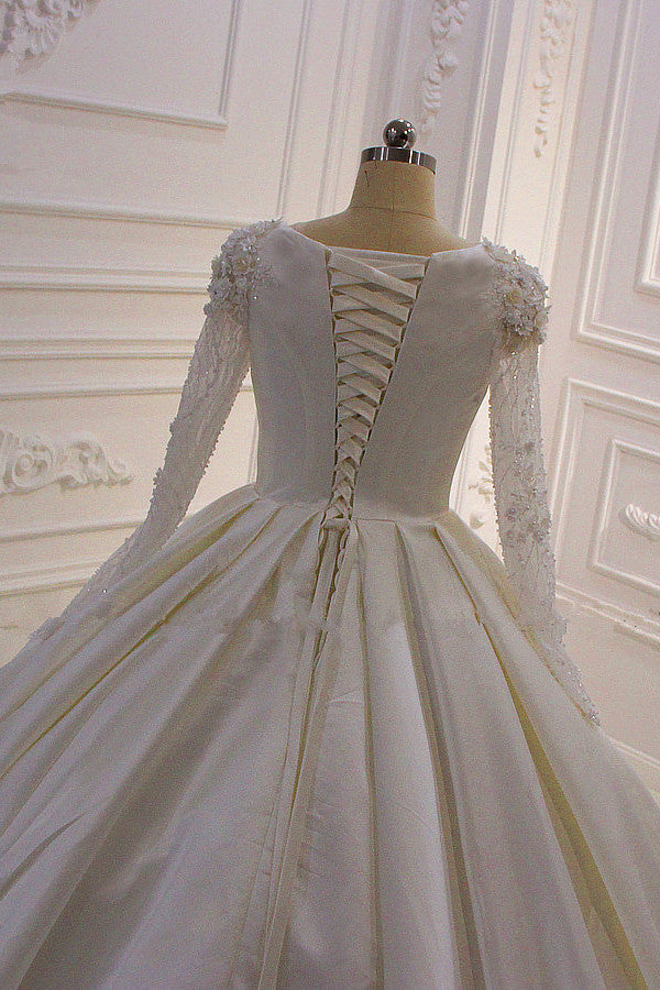 Ivory Long Sleevess Jewel Ruffless Flowers Bedaings Wedding dress-showprettydress