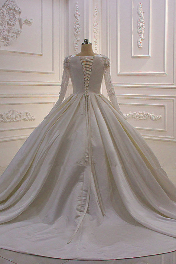 Ivory Long Sleevess Jewel Ruffless Flowers Bedaings Wedding dress-showprettydress