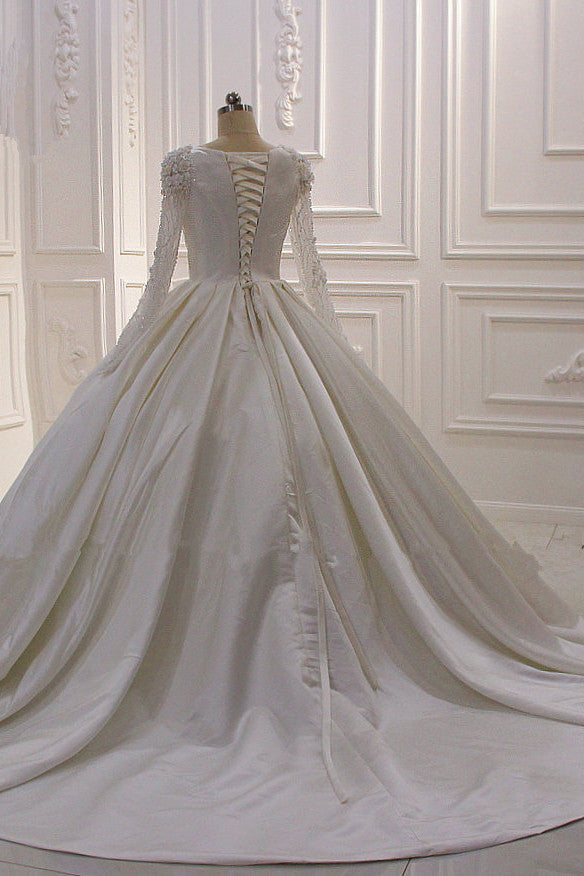 Ivory Long Sleevess Jewel Ruffless Flowers Bedaings Wedding dress-showprettydress