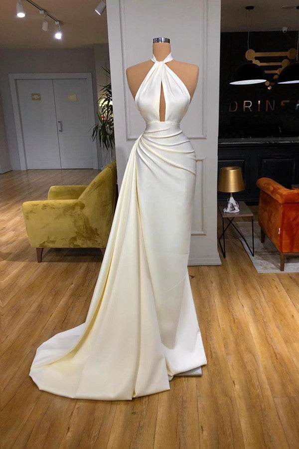 Ivory Mermaid Halter Long Evening Prom Dress With Split Detachable Train-showprettydress
