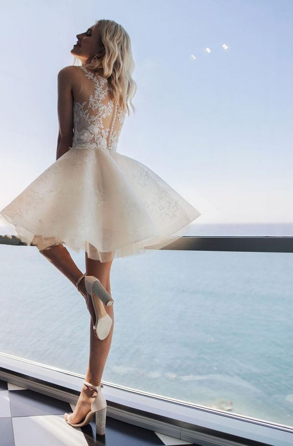 Ivory Sleeveless Lace Puffy Flowers Homecoming Dress-showprettydress